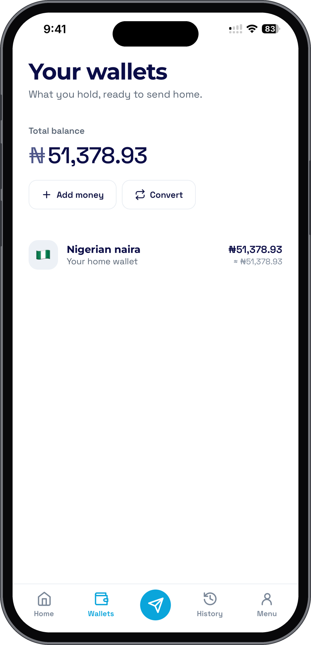 The Nippyy app: a naira wallet balance with add money and convert actions